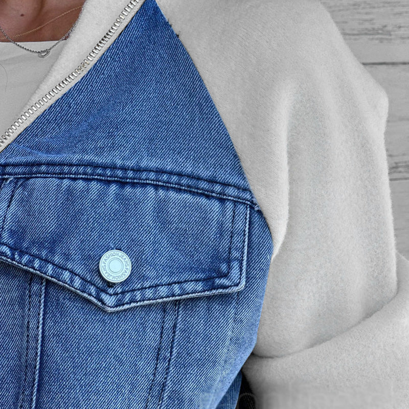Dames Denim Splicing Jas – Trendy Mix van Stoffen, Comfortabel & Ideaal voor Lente en Herfst