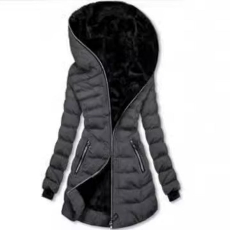 Dames Gewatteerde Winterjas met Capuchon – Middellange Jas met Warme Pluche Voering