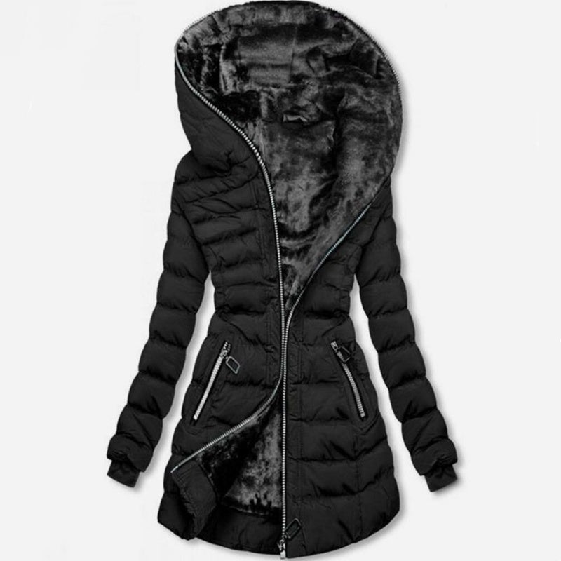 Dames Gewatteerde Winterjas met Capuchon – Middellange Jas met Warme Pluche Voering