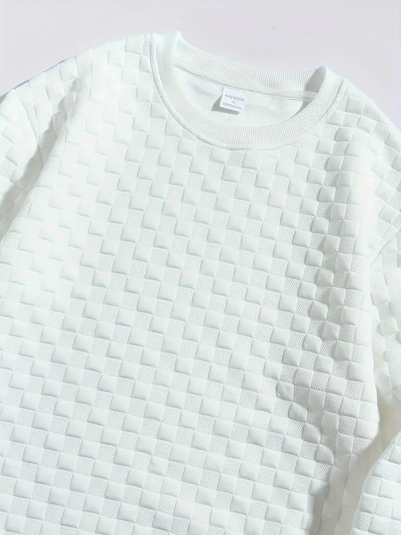 Casual Heren Sweater met Ronde Hals – Reliëf Geblokt Patroon Top