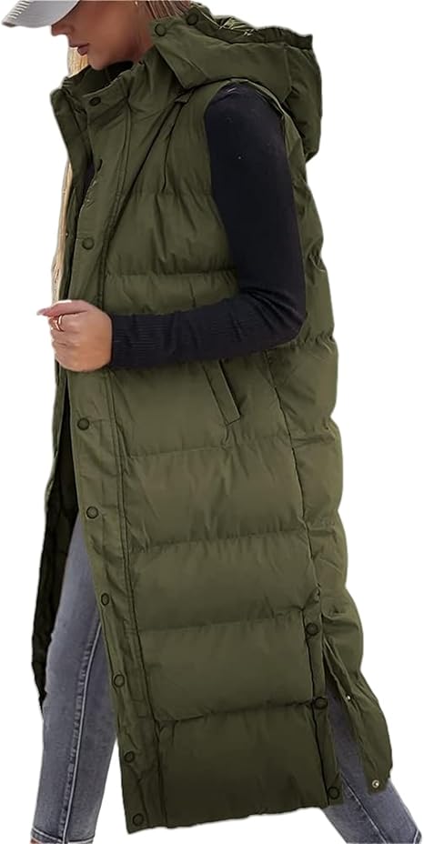 Warme Lange Gewatteerde Bodywarmer voor Dames – Mouwloos Vest met Capuchon en Zijsplitten