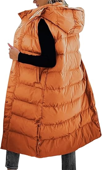 Warme Lange Gewatteerde Bodywarmer voor Dames – Mouwloos Vest met Capuchon en Zijsplitten