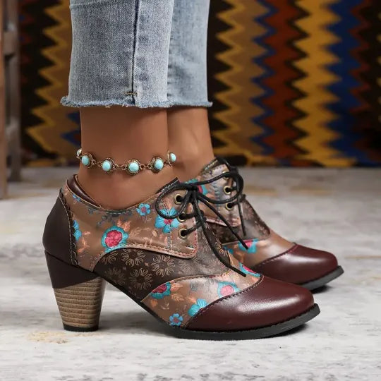 Dames Boheemse Enkellaarsjes met Blokhak – Orthopedische Comfort Veterlaarzen met Bloemenprint