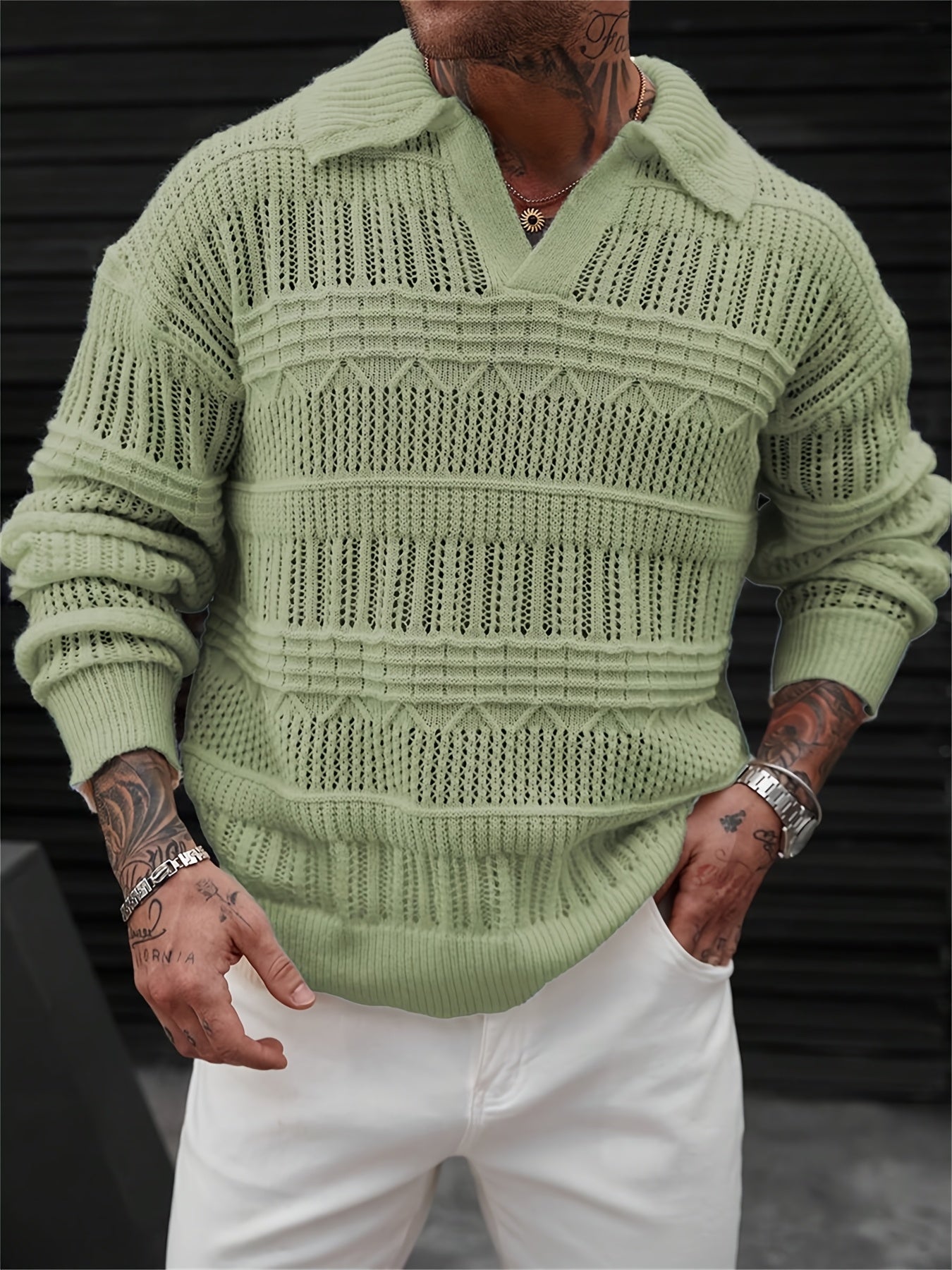 Heren Lange Mouw Open Gebreide Trui – Casual Lichtgewicht Pullover met Kraag