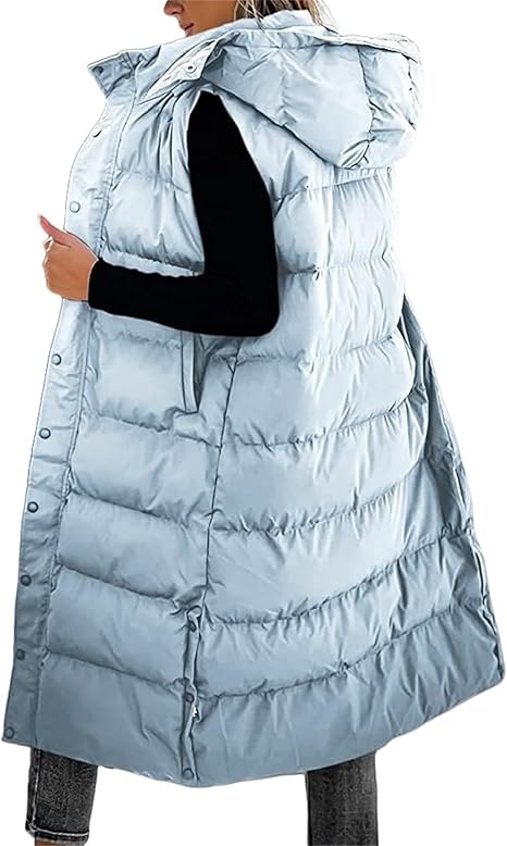 Warme Lange Gewatteerde Bodywarmer voor Dames – Mouwloos Vest met Capuchon en Zijsplitten