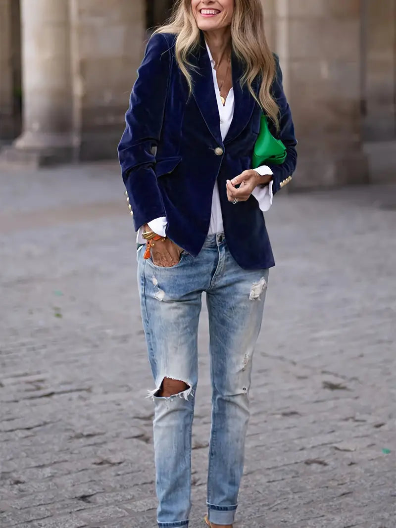 Dames Fluwelen Blazer – Elegante Getailleerde Jas met Klassieke Revers voor Avond & Casual Look