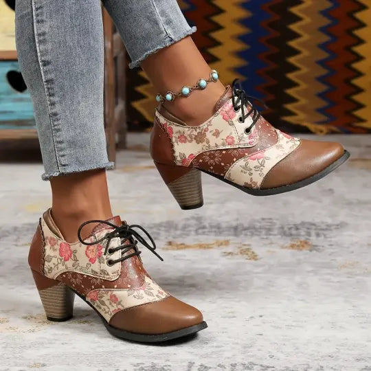 Dames Boheemse Enkellaarsjes met Blokhak – Orthopedische Comfort Veterlaarzen met Bloemenprint
