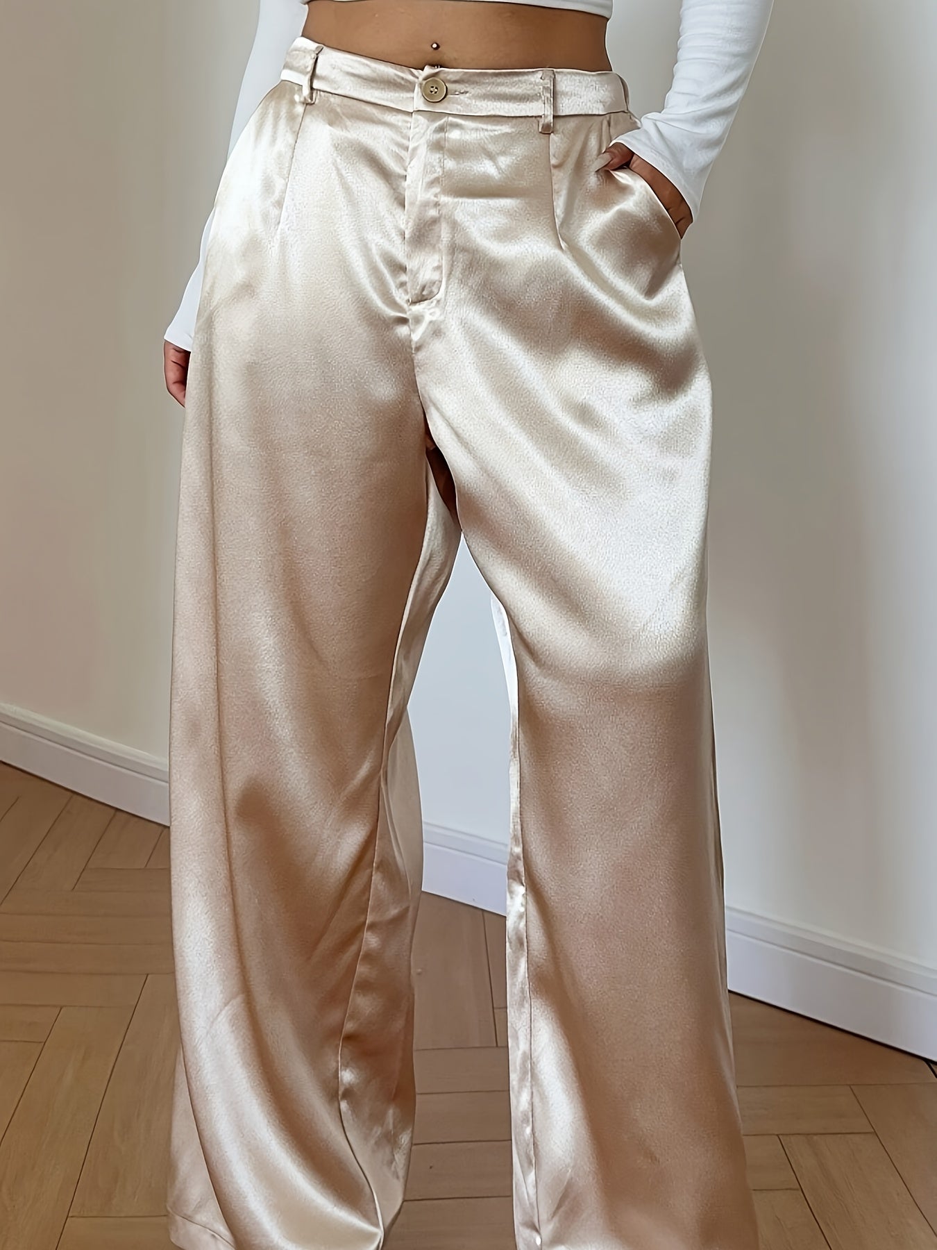 Dames Satijnen Broek in Grote Maten – Elegante Gouden Rechte Broek met Zakken