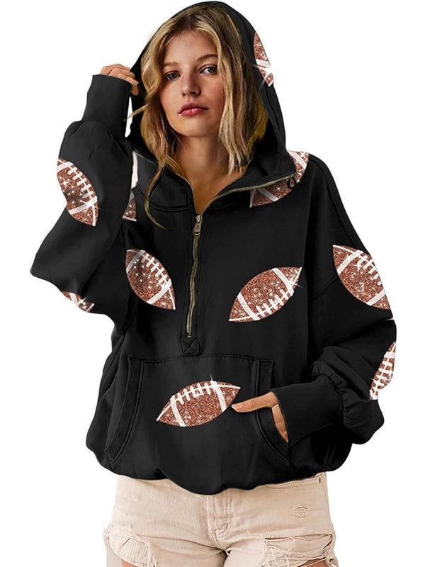 Dames Game Day Hoodie – Glanzende Sequin Football Sweater met Capuchon & Zak