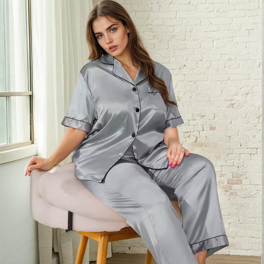 Zijde Nachtkleding Set voor Dames in Grote Maten – Lichtgewicht Ademend Shirt en Lange Broek voor Comfortabel Zomers Thuisloungen