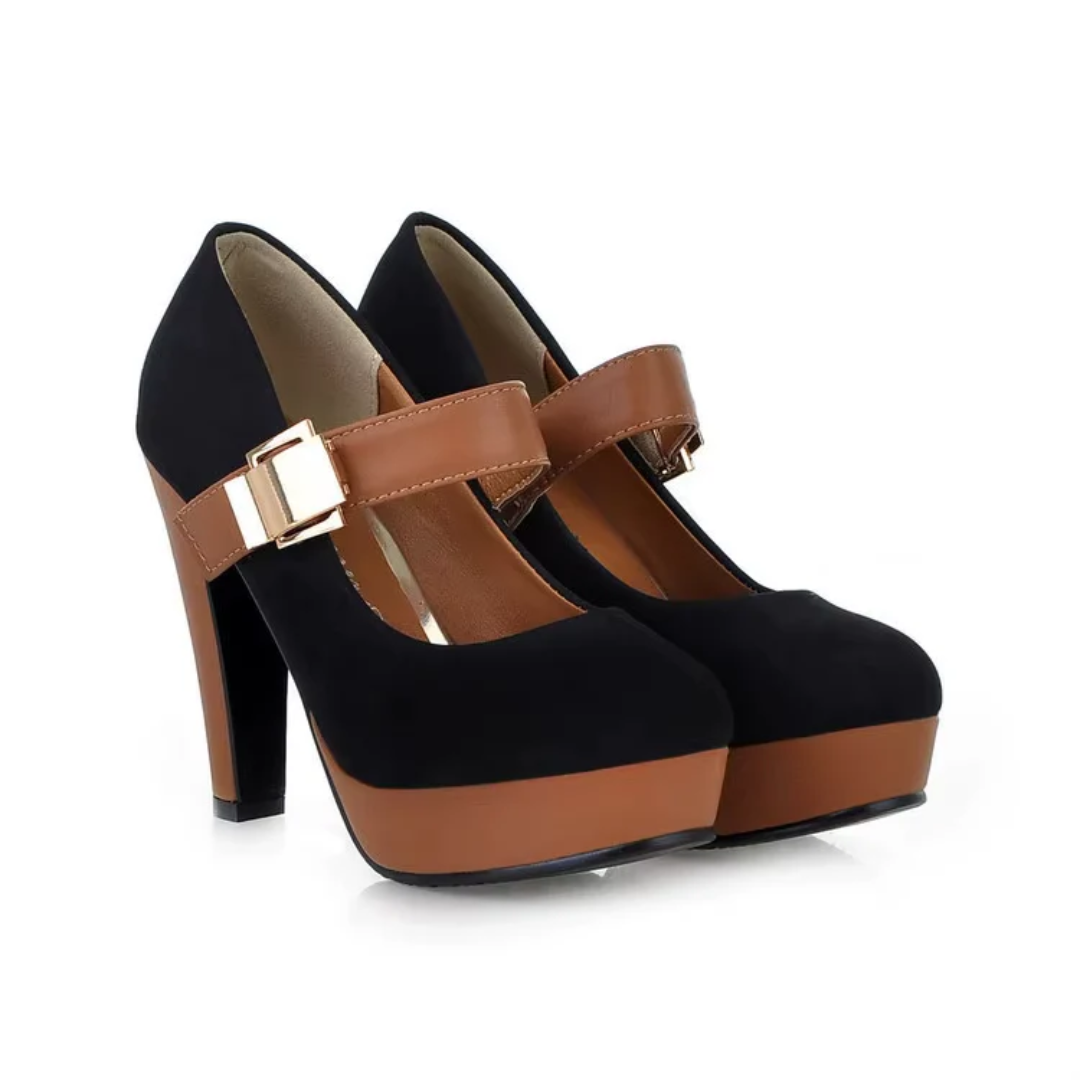 Modern Block Heel – Elegante Suède-Inspiratie met Goudkleurige Gesp en Ultiem Comfort