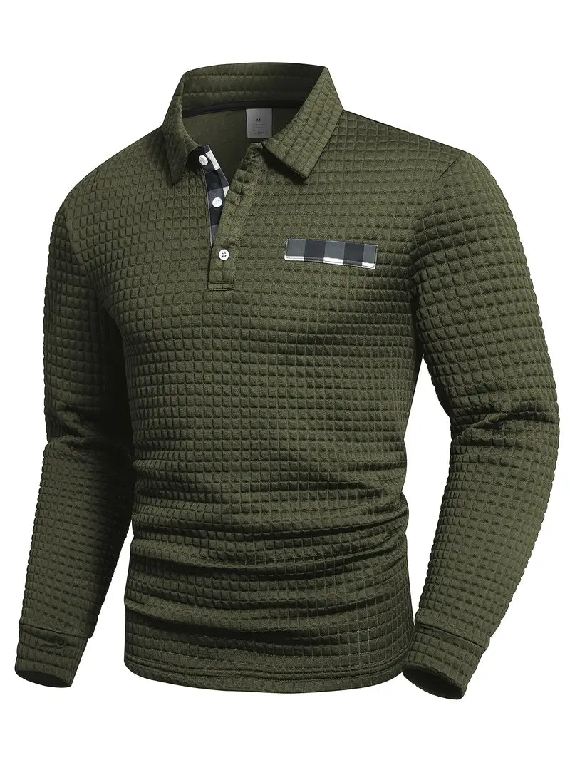 Heren Casual Lange Mouw Gebreide Polo Shirt – Stijlvolle Knopen Smart Casual Top
