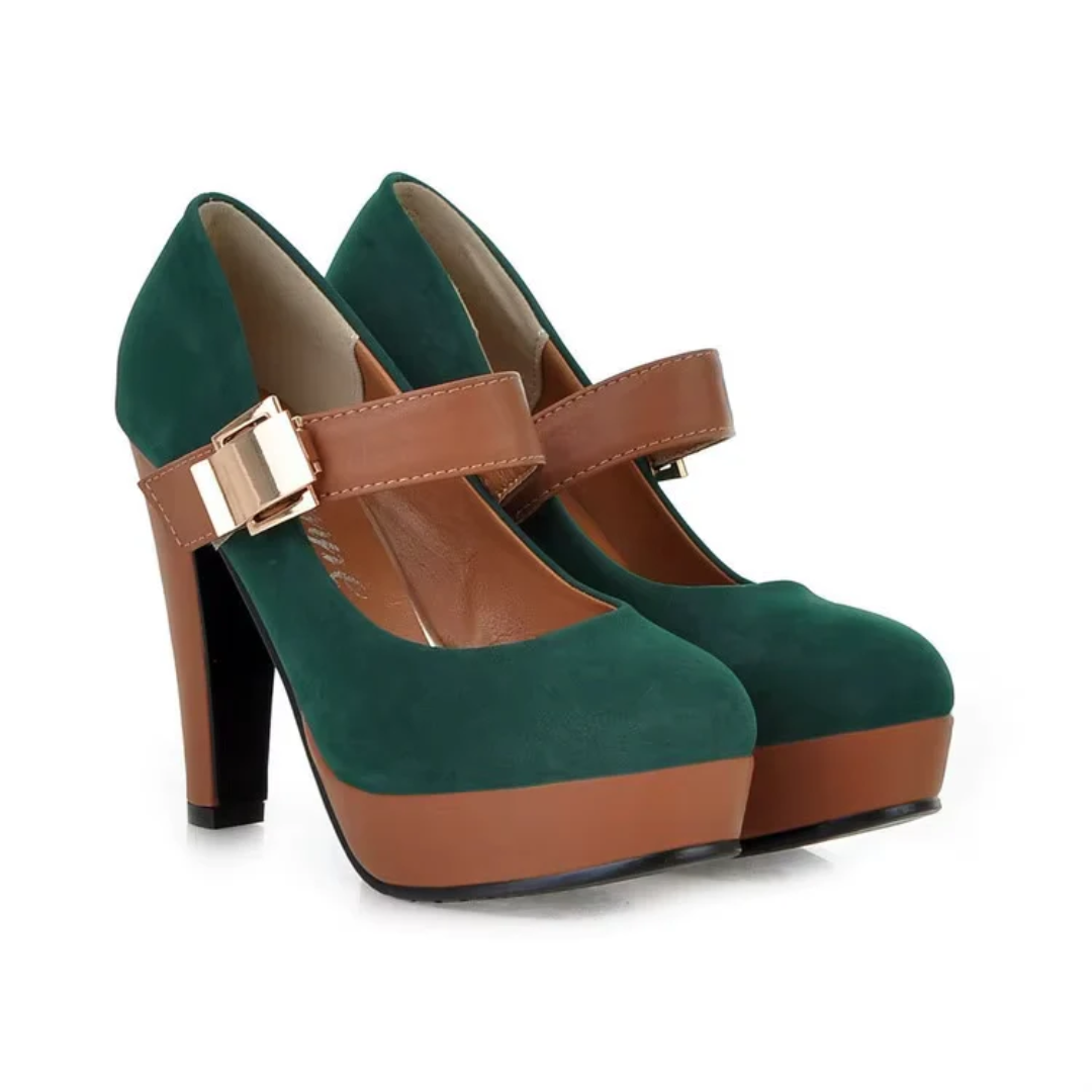 Modern Block Heel – Elegante Suède-Inspiratie met Goudkleurige Gesp en Ultiem Comfort