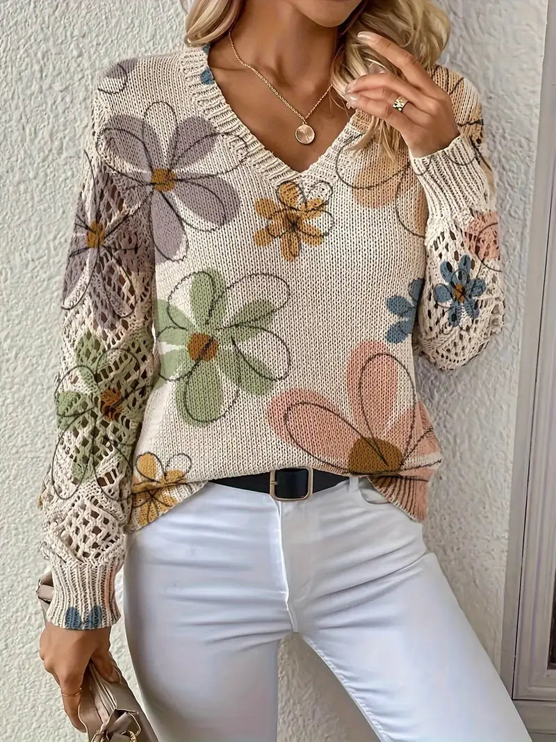 Elegante Lange Mouwen Trui Met Bloemenprint – Comfortabele Damestrui voor Casual & Stijlvolle Outfits