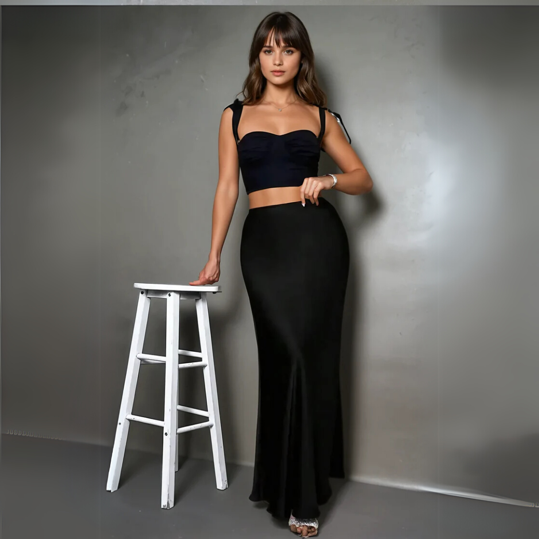 Elegante Satijnen Rok met Hoge Taille – Zwarte Zwierige Rok voor Feestjes, Dates & Avondlooks
