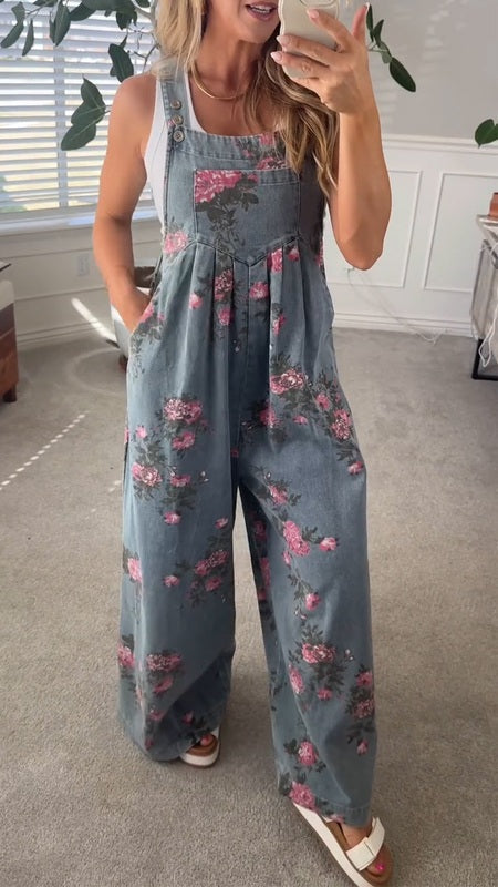 Dames Bedrukte Denim Overall met Zakken – Comfortabele Relaxed Fit voor Casual Dagen
