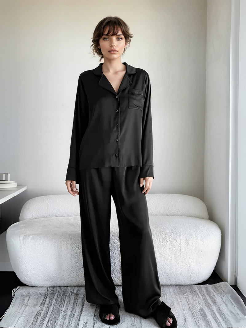 2-Pack Dames Satijnen Pyjamaset met Lange Mouwen – Zachte & Ademende Loungewear voor Alle Seizoenen