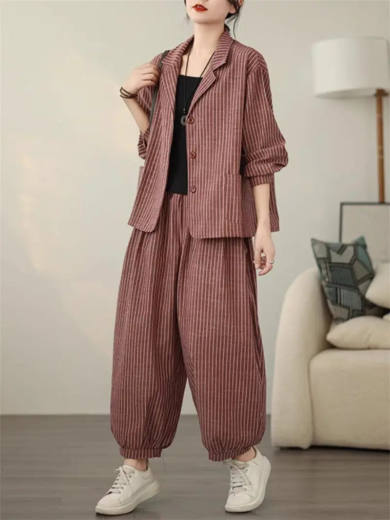 Stijlvolle Tweedelige Pinstripe Blazer & Wijd-Pijp Broek Set – Lichtgewicht Linnenmix voor Moeiteloze Dagelijkse Elegant