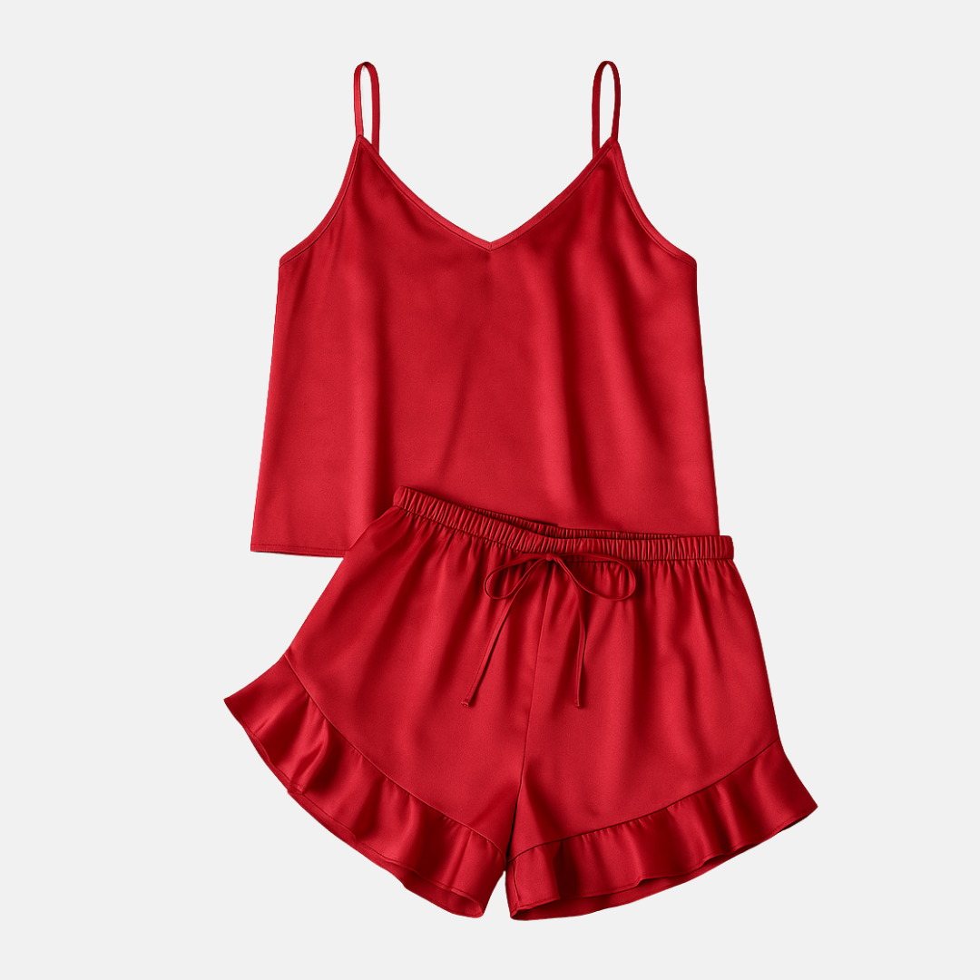 Dames Zijdezachte Pyjamaset – V-Hals Camisole & Shorts van Imitatiezijde voor Loungewear