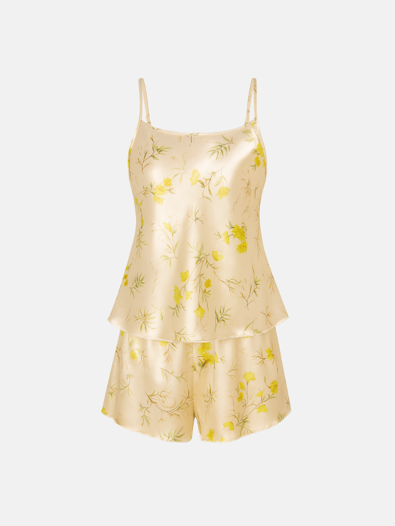 Luxe Satijnen Pyjama Set met Bloemenprint – Rugloze Cami Top & Zachte Elastische Shorts voor Dames