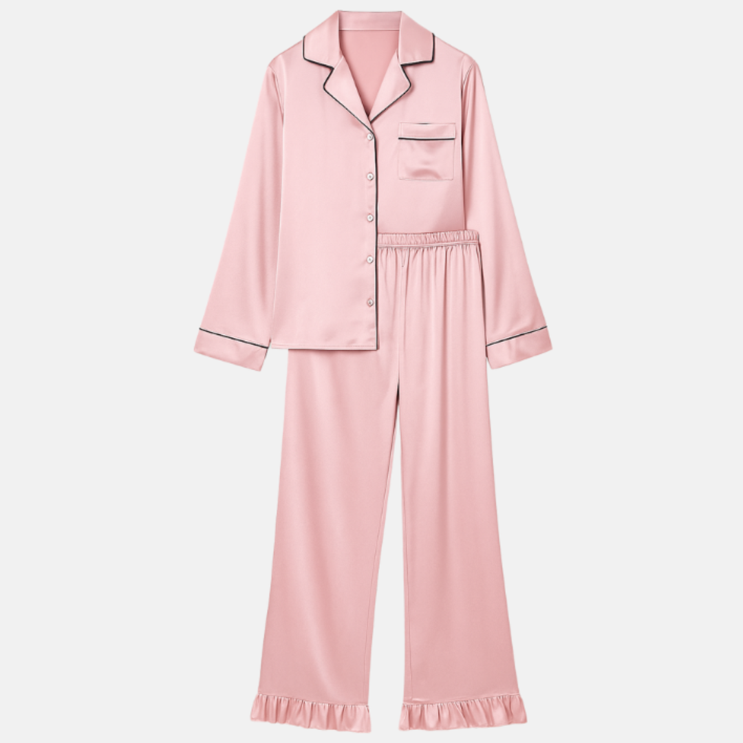 Zachte Satijnen Dames Pyjama Set – 2-Delige Loungewear met Lange Mouwen & Knoopsluiting