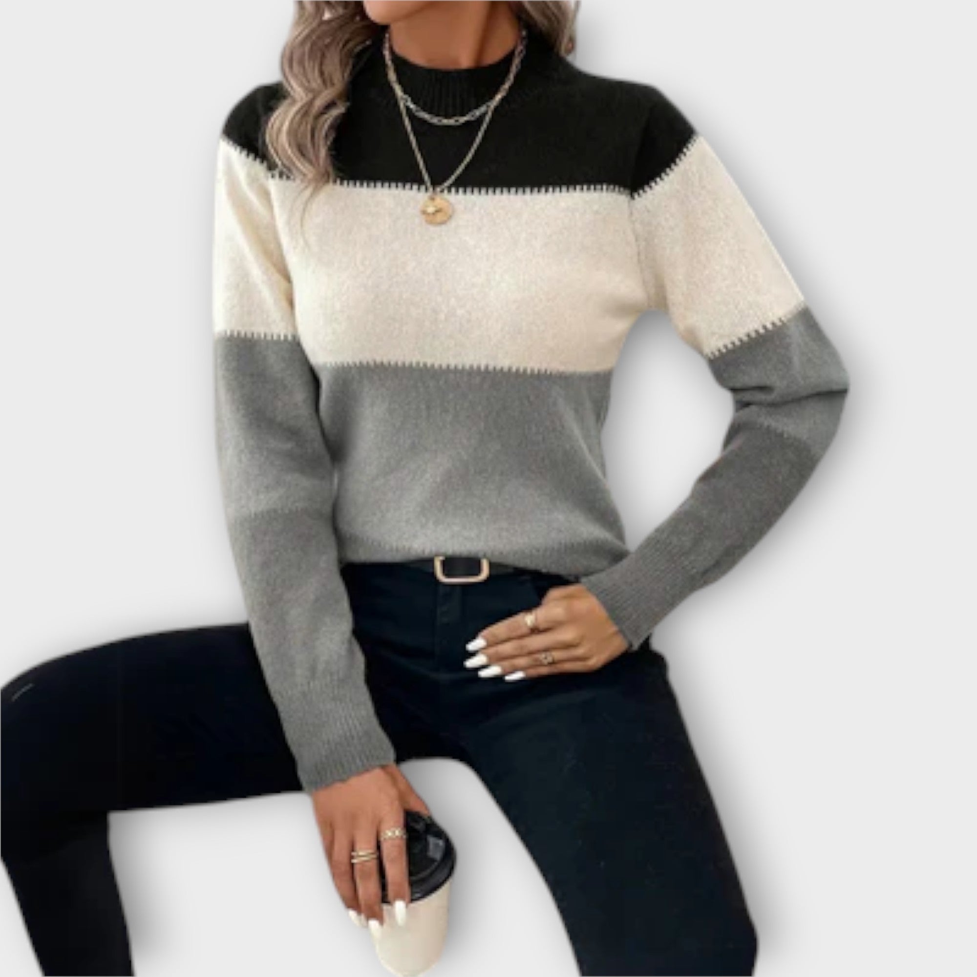 Dames Kleurblok Gebreide Trui – Zachte Lange Mouwen Pullover met Strepenpatroon