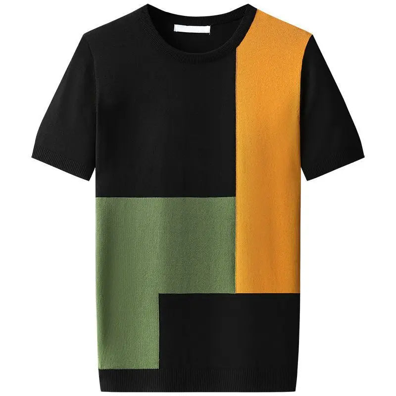 Colorblock Shirt voor Heren – Stijlvol Stretch-Knit T-shirt met Geometrisch Design