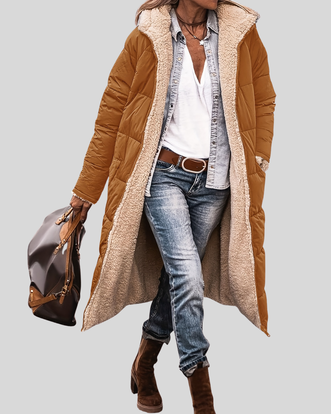Lange Herfstjas met Warme Teddyvoering – Stijlvolle & Comfortabele Damesjas voor de Herfst