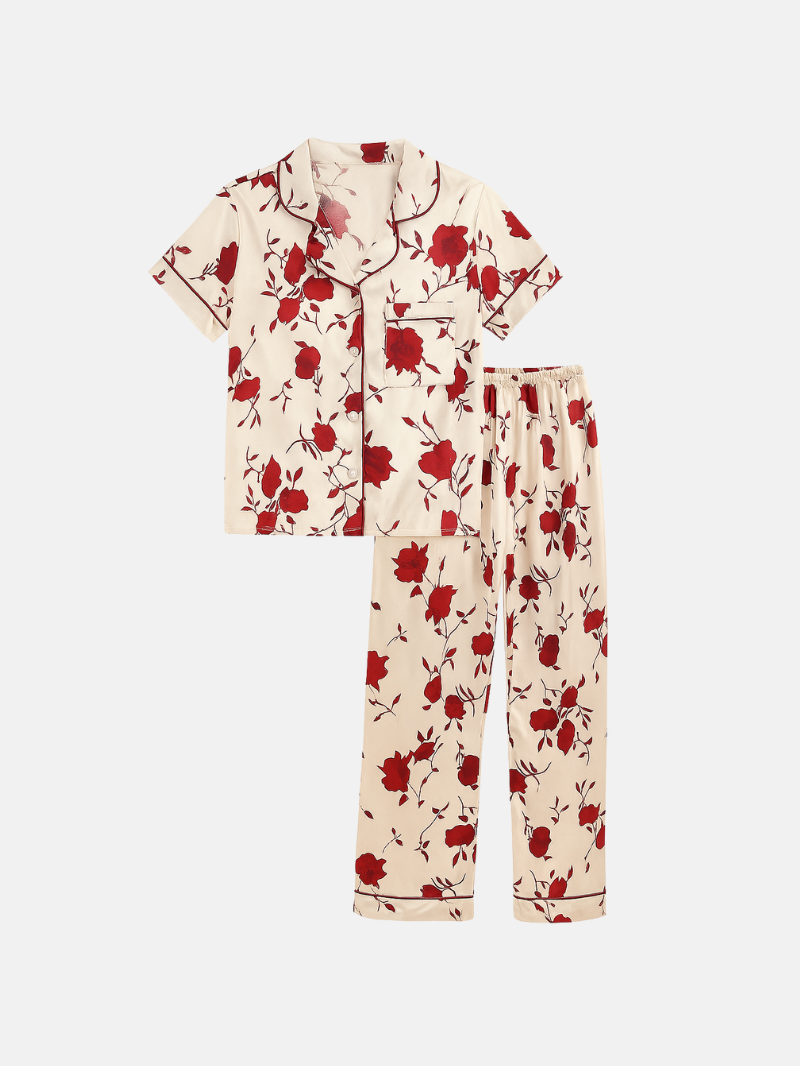 Luxe Satijnen Bloemenpyjama voor Dames – Zachte Korte Mouw Top & Comfortabele Broek