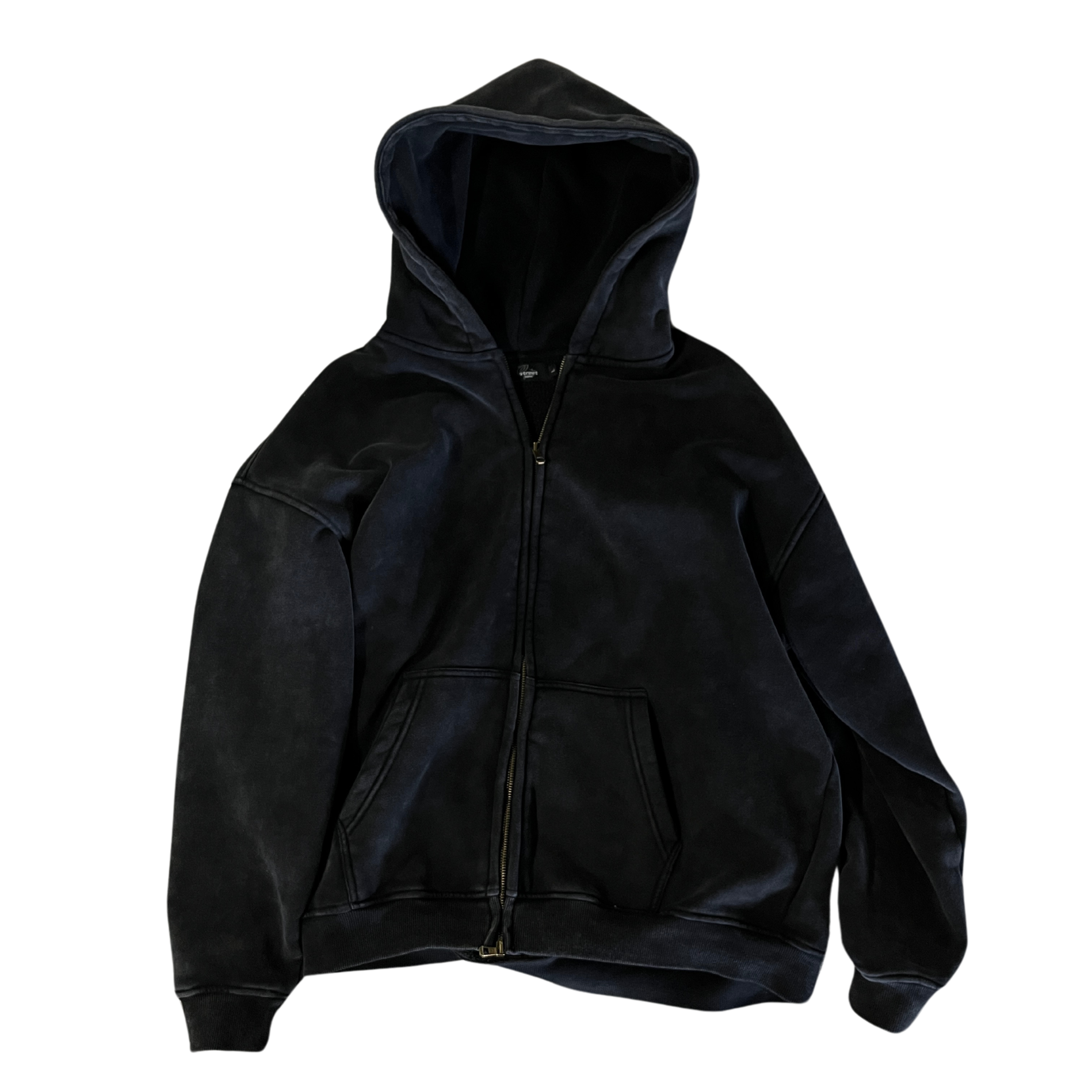 Zwarte Hoodie met Rits – Acid Wash, Fleece Voering & Comfortabele Pasvorm