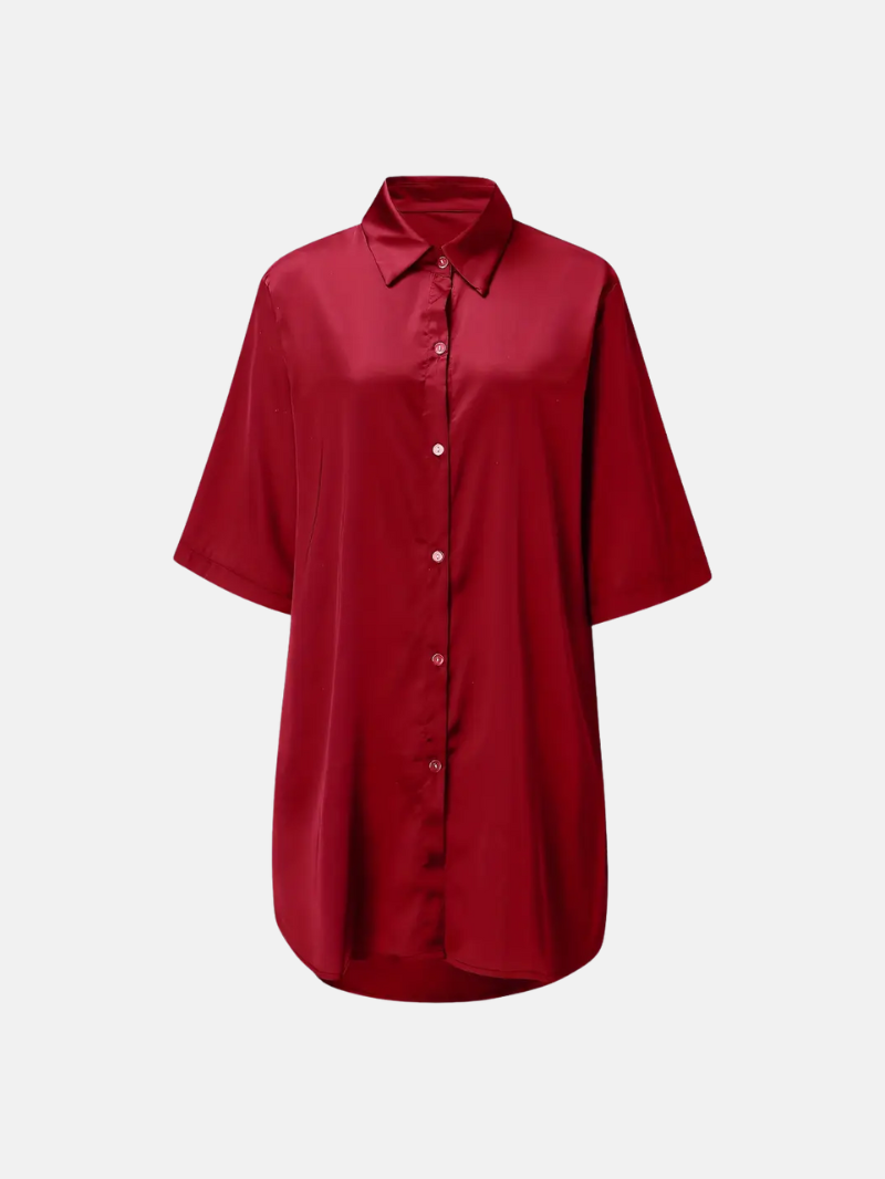 Luxe Zachte Satijnen Lange Sleepshirt voor Dames – Elegante Halflange Mouwen Nachtkleding met Revers & Knoopsluiting