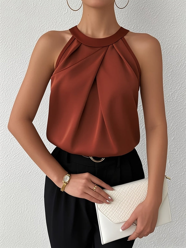 Satijnen Blouse met Open Schouders – Halternek & Plooidetail – Elegant & Mouwloos