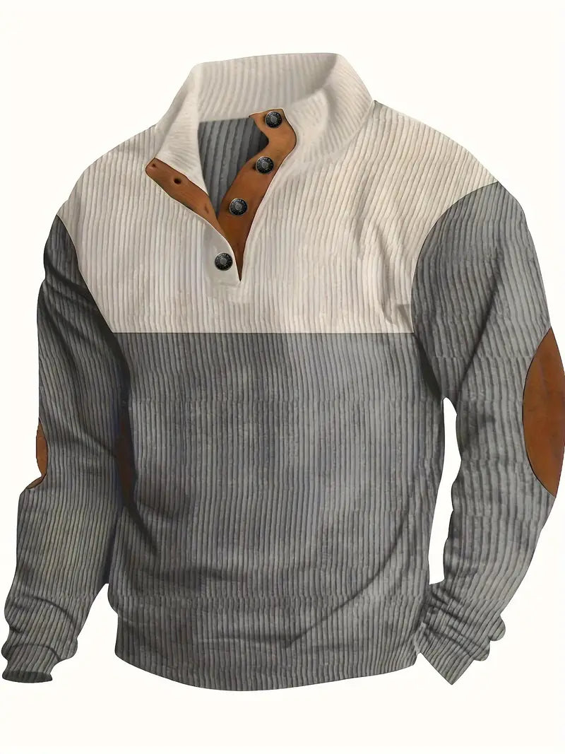 Heren Trui met Contrasterende Kraag en Knopen – Casual Pullover met Elleboogstukken, Warme Gebreide Trui voor Herfst en Winter