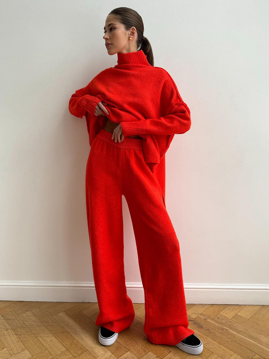 Effen Gebreid Set met Coltrui – Comfortabele Trui & Broek in Tijdloze Stijl