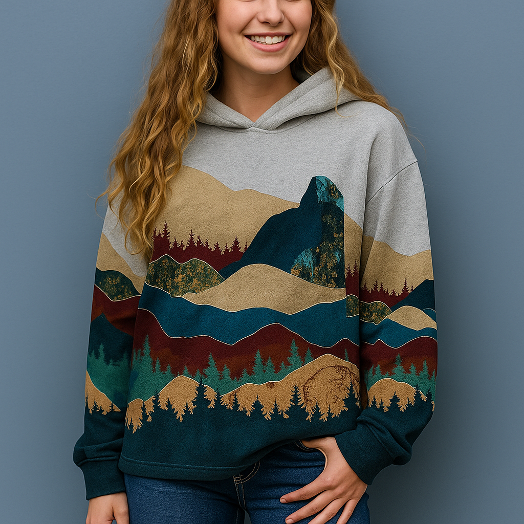 Louise | Harajuku Hoodie met Berglandschapprint – Stijlvol, Artistiek & Comfortabel