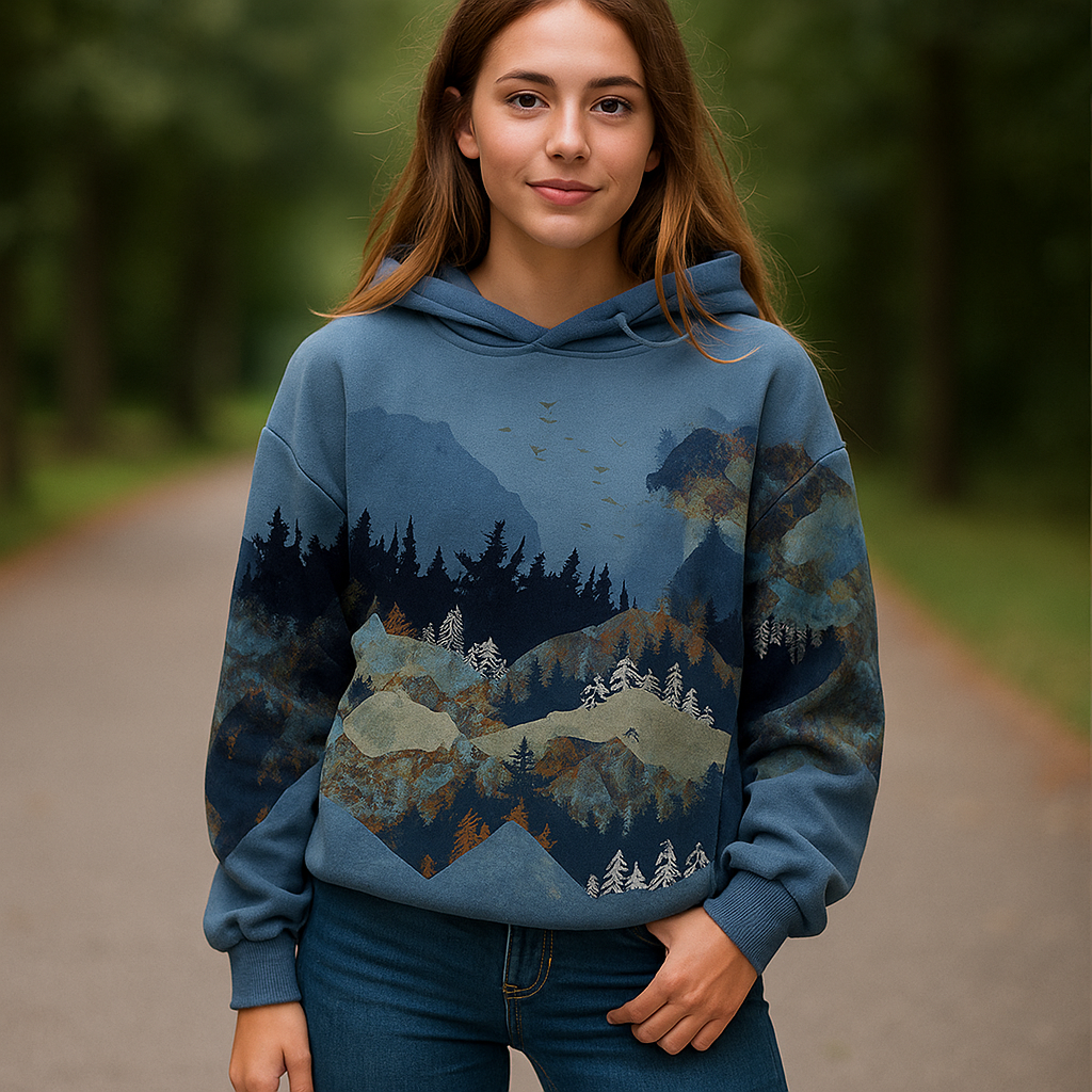 Louise | Harajuku Hoodie met Berglandschapprint – Stijlvol, Artistiek & Comfortabel