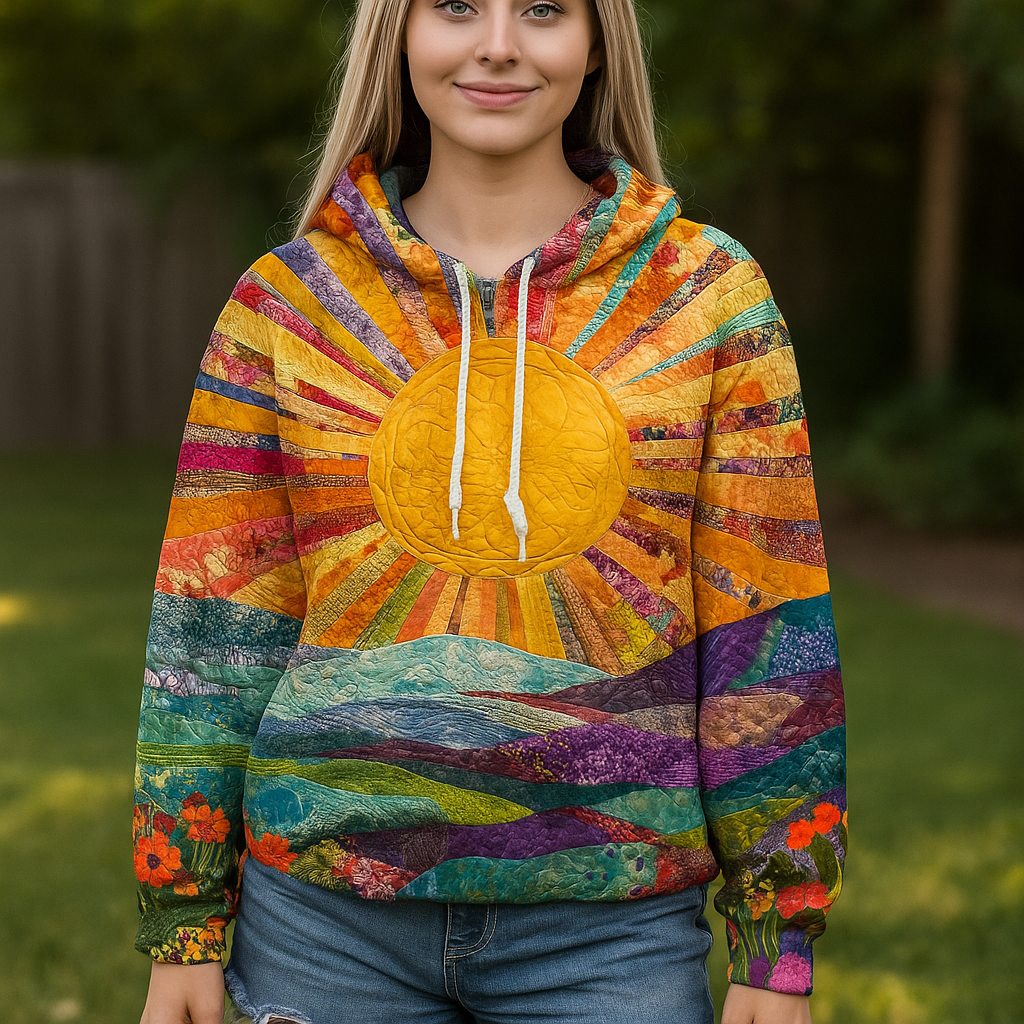 Laura Hoodie met Zonsopgang – Kleurrijke Gebreide Trui voor Dames