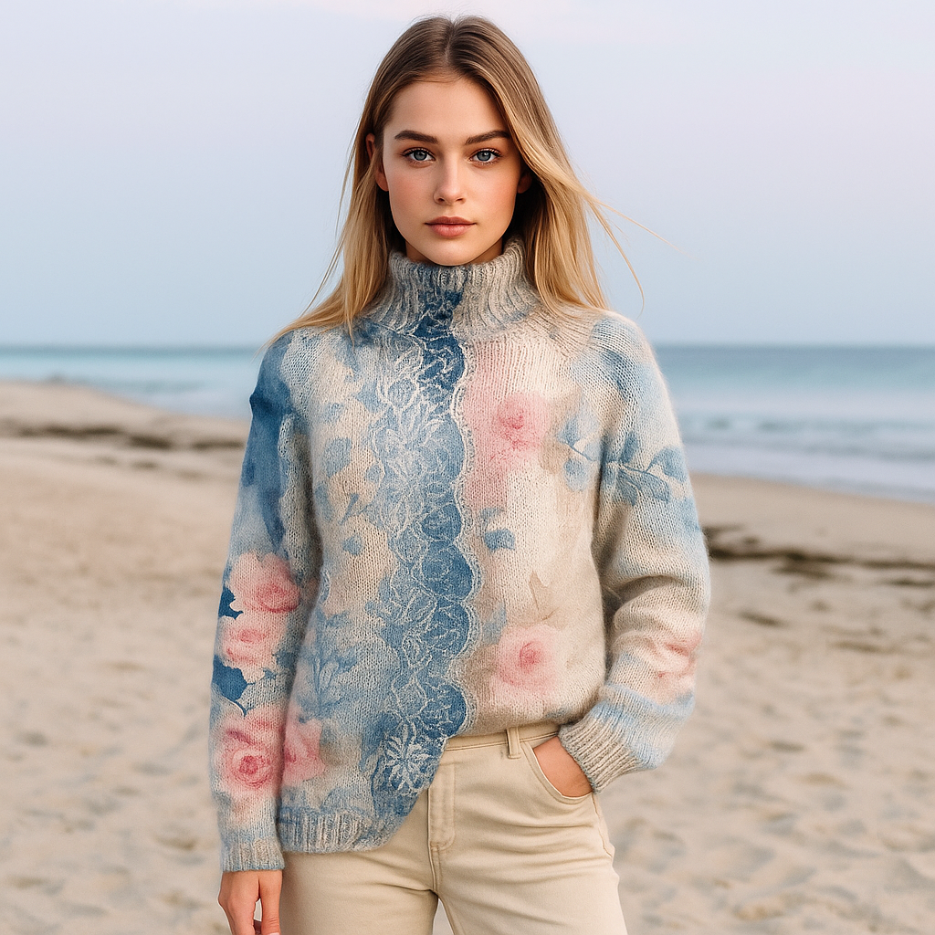 Veronica Gebreide Coltrui met Bloemenkant – Elegante Damestrui