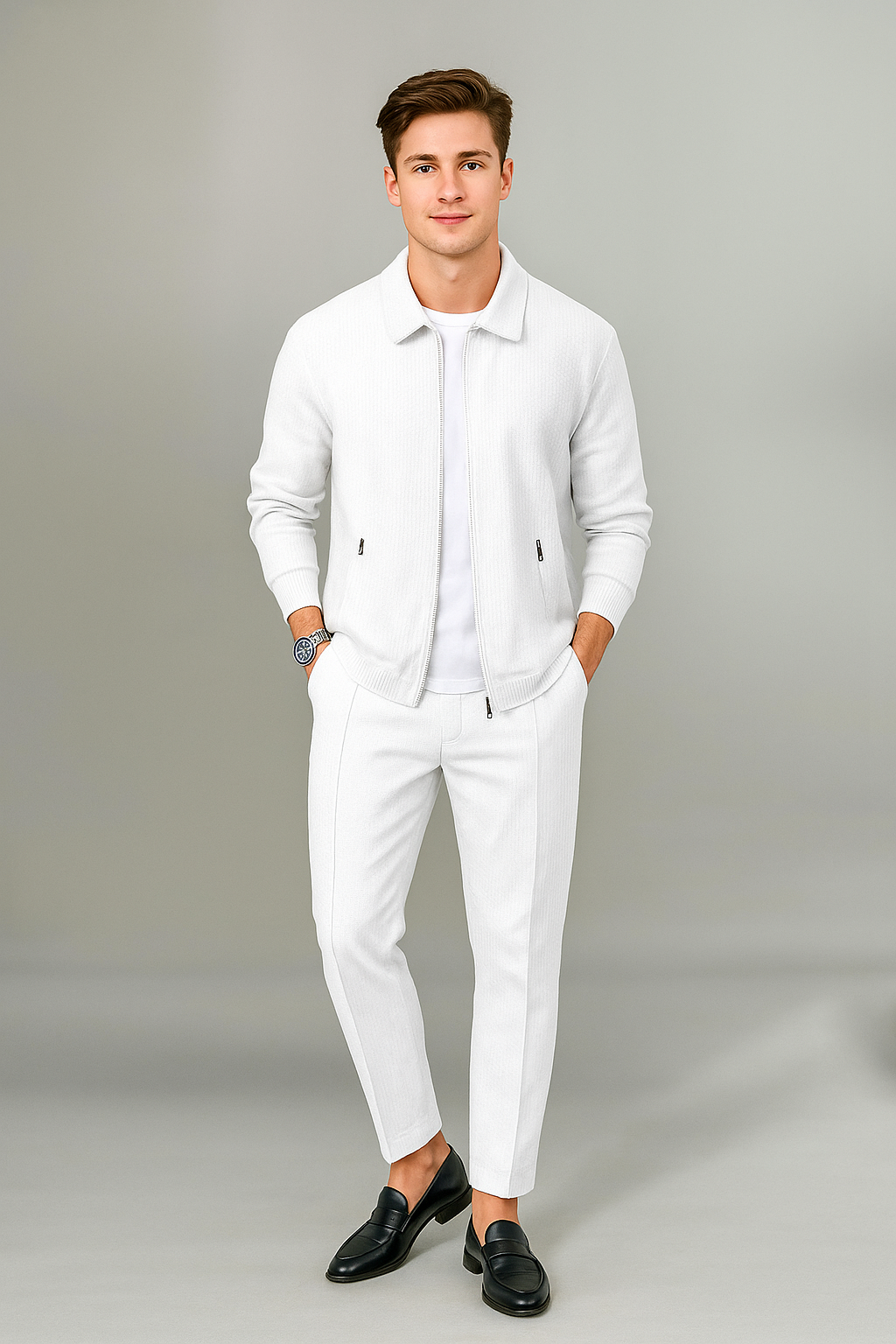 Verfijnde Tweedelige Set – Slim-fit Sportieve Herenoutfit met Jas & Broek 4