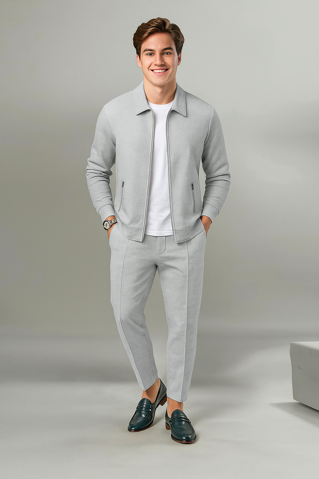 Verfijnde Tweedelige Set – Slim-fit Sportieve Herenoutfit met Jas & Broek