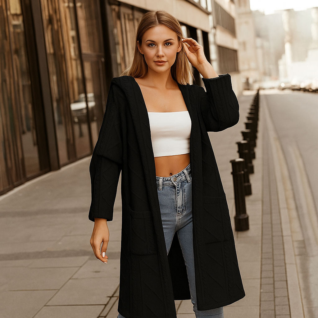 Lange Gebreide Vest met Capuchon en Zopfmotief – Comfortabel & Elegant