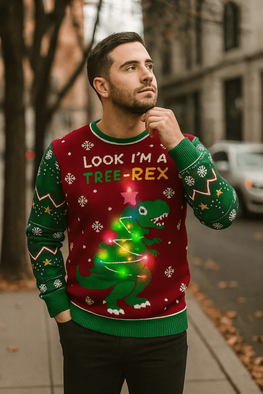 Unisex Foute Kersttrui met LED-Verlichting - Tree-Rex Design voor Dames en Heren, Lange Mouwen, Machinewasbaar 3