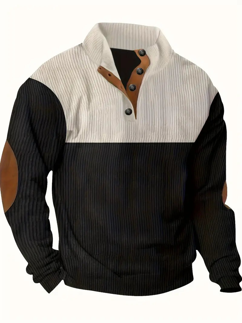 Heren Trui met Contrasterende Kraag en Knopen – Casual Pullover met Elleboogstukken, Warme Gebreide Trui voor Herfst en Winter