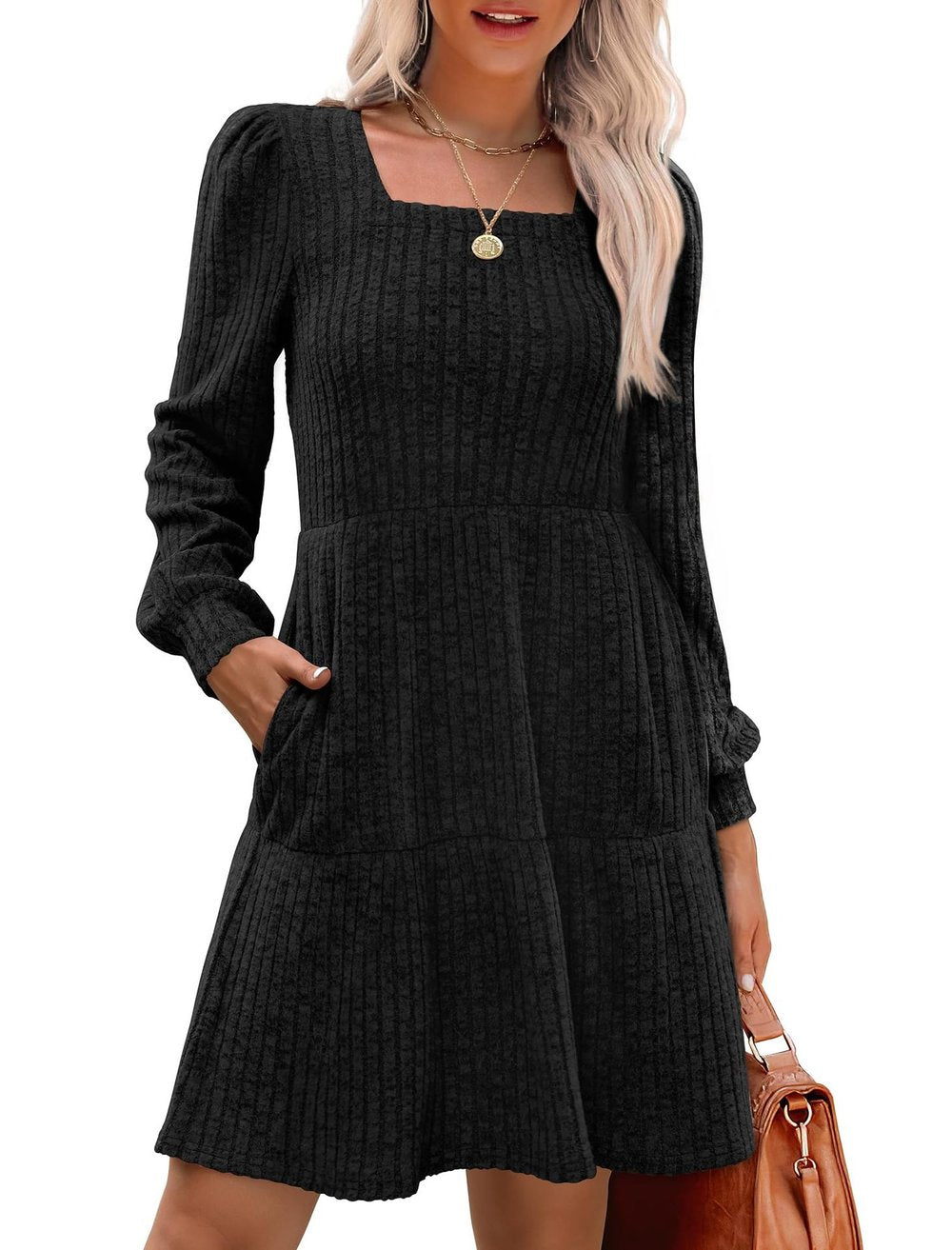 Flowy Gebreide Trui Jurk voor Dames – Casual Vierkante Hals en Lange Mouwen