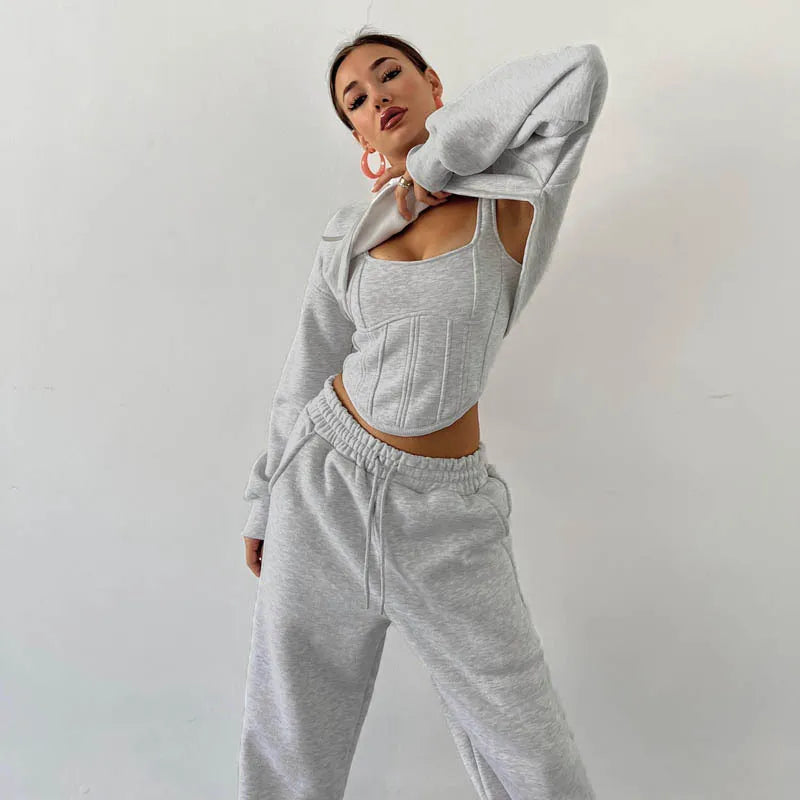 Driedelige Loungeset voor Dames – Cropped Hoodie, Tanktop & Enkellange Broek van Zacht Polyester