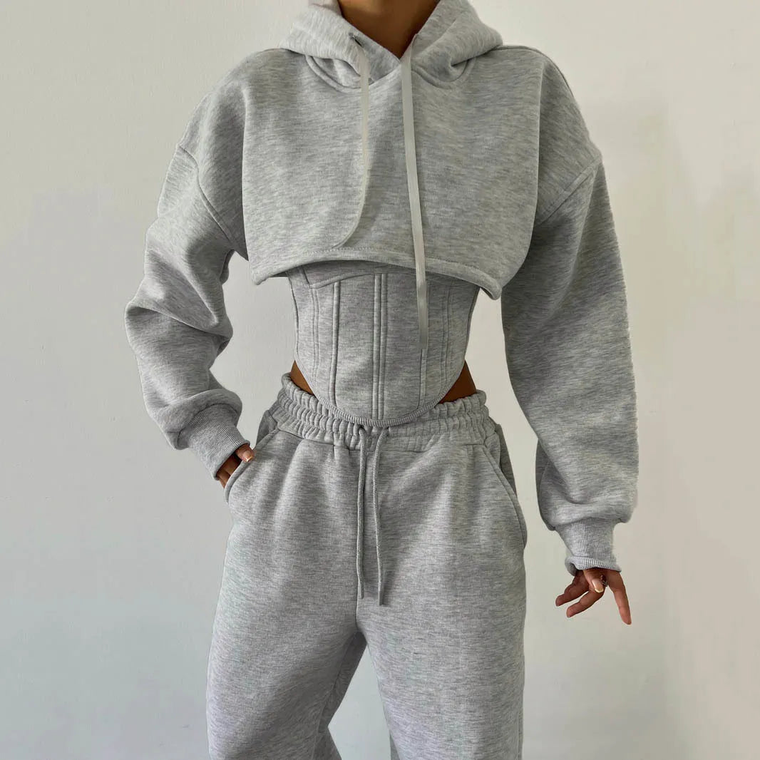Driedelige Loungeset voor Dames – Cropped Hoodie, Tanktop & Enkellange Broek van Zacht Polyester