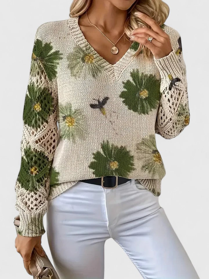 Elegante Bloementrui met Luchtige Mouwen en Zachte V-Hals