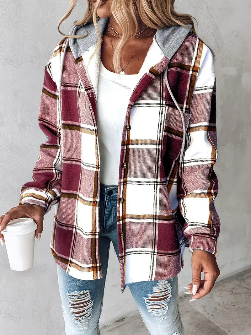 Dames Geruite Jas met Capuchon – Warme Fleece Gevoerde Button-Down Winterjas
