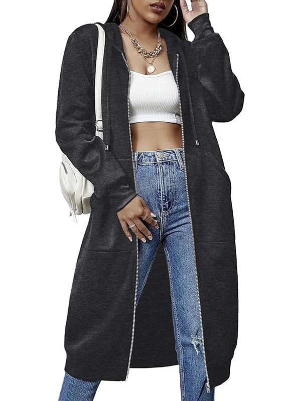 Knielange Dames Fleece Hoodie met Rits – Comfortabele Lange Sweatshirt met Zakken