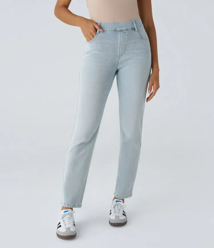 Dames Hoge Taille Stretch Broek – Comfortabele Slim Fit met Zakken